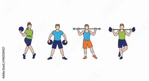 Four people exercising with weights, two holding dumbbells and two with barbells