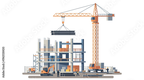 Construction Site Vector Illustration Featuring a Tower Crane, Building Frame, and Heavy Machinery Isolated on White