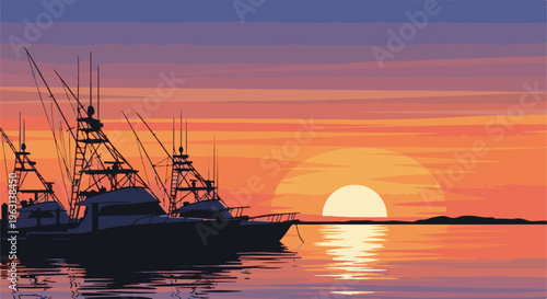 Fishing boats docked at sea during a vibrant pixelated sunset with reflected colors on water