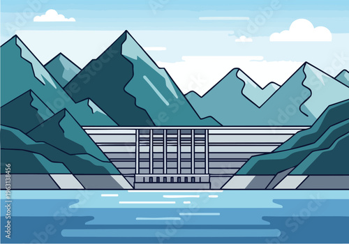 Vast hydroelectric dam nestled between imposing mountains, with calm water reflecting the structure and landscape