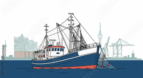Fishing trawler with nets at sea in front of a city skyline with cranes