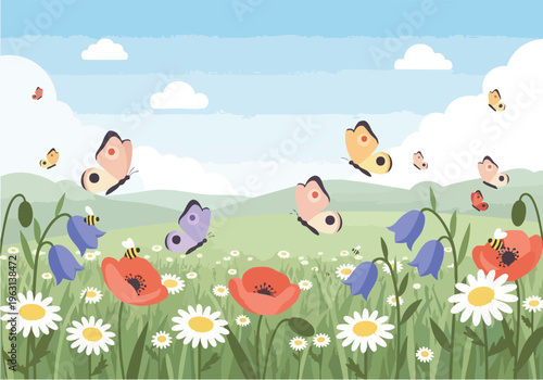 A vibrant meadow scene filled with colorful butterflies, buzzing bees, and blooming wildflowers under a soft blue sky