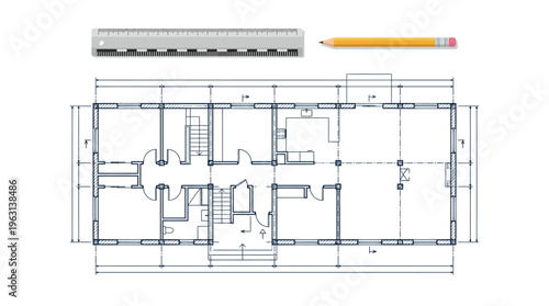 Architectural House Floor Plan Blueprint with Ruler and Pencil on White Background