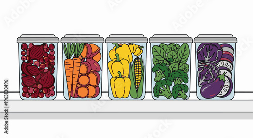 Five clear containers filled with colorful, sliced, and whole vegetables