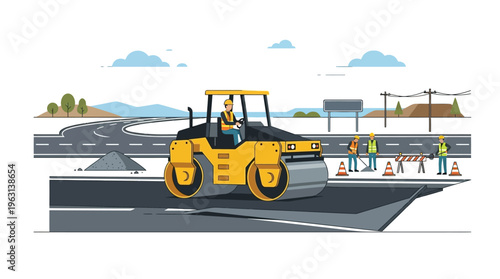 Road Construction Site Illustration with Yellow Steam Roller Paving Highway and Workers