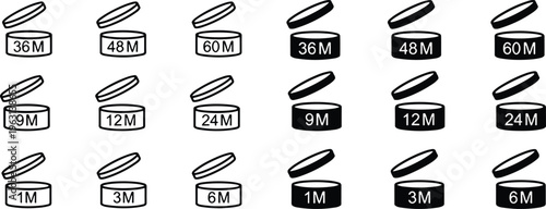 Period after open icons set. Pao symbols. Round box with cap opened. Expiration period in months signs for cosmetic packaging on transparent background.