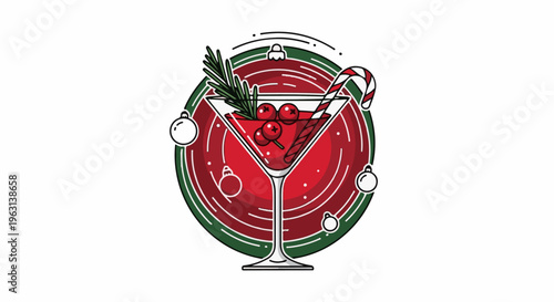 Festive red cocktail in a glass with cranberries, rosemary, and candy cane