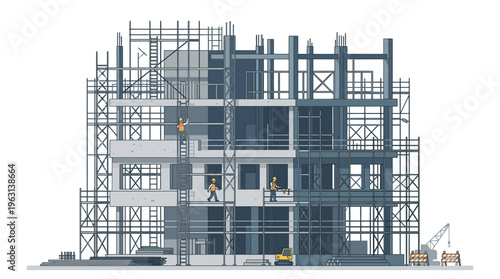 Building Construction Site Illustration with Scaffolding, Workers, and Machinery on White Background