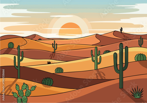 Vibrant desert landscape illustration with cacti and dunes under a bright sun