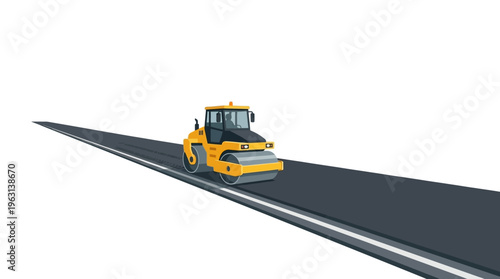 Yellow Road Roller Compactor Machine Smoothing Asphalt Road on White Background - Infrastructure Development Illustration