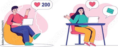 Two individuals using laptops with different reactions to online engagement and communication methods