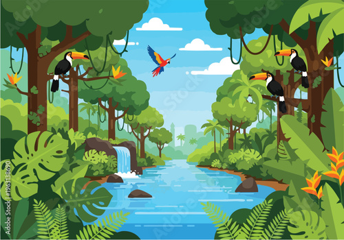 Vibrant Amazon Rainforest Scene with Toucans and Macaws Flying Over a Serene River