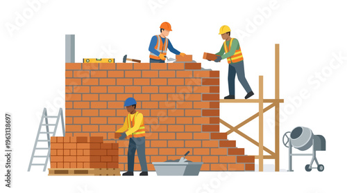 Construction Workers Building a Brick Wall Illustration: Professional Builders with Tools and Equipment for Masonry and Architecture Concepts