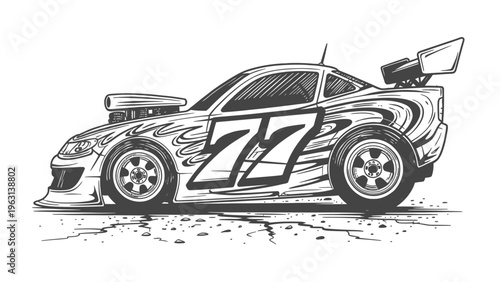 Custom drift race car illustration with number 77 and aggressive flame decals in a high-contrast black and white style