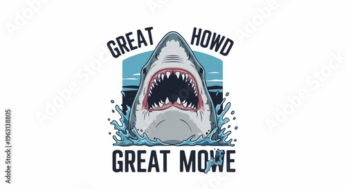 Fierce great white shark emerging from splashing ocean waves with open jaws