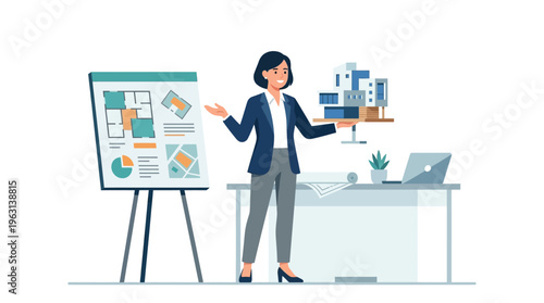 Female Architect or Real Estate Professional Presenting Modern House Design with 3D Model and Blueprints