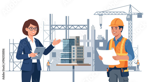 Professional Architect and Engineer Collaborating on Construction Project Site with Building Model, Tablet and Blueprints. Modern Flat Vector Illustration.