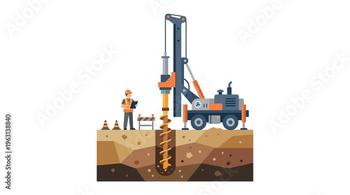 Construction Site Drilling Rig and Worker Flat Illustration for Geotechnical Engineering and Foundation Building Projects