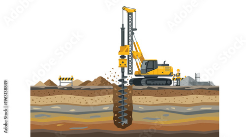 Heavy Foundation Drilling Machine Boring into Underground Soil Layers, Construction Site Vector Illustration