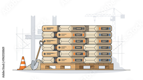 Construction Site Illustration featuring Stacked Cement Bags on a Wooden Pallet with Shovel and Traffic Cone
