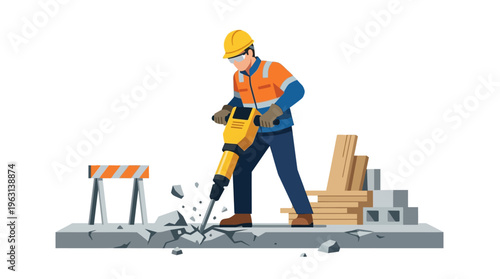 Construction Worker Using a Jackhammer to Break Concrete Vector Illustration