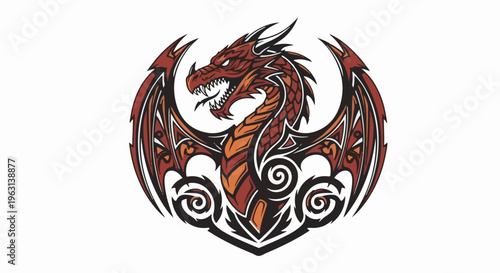 Fierce tribal dragon with outstretched wings and intricate swirling patterns