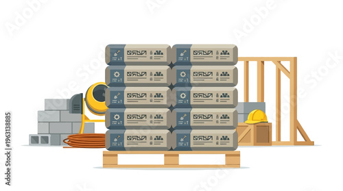 Construction Materials Illustration Featuring Cement Bags on Pallet, Concrete Mixer, and Building Site Equipment