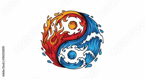 Fiery and watery yin-yang symbol on white background