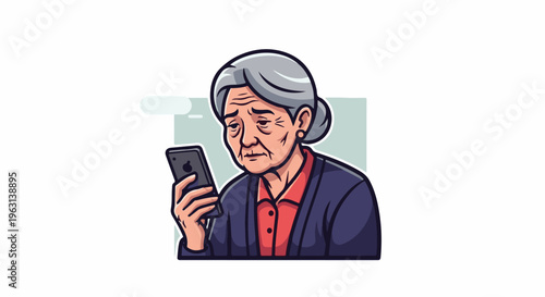 Elderly woman with worried expression looking at her smartphone