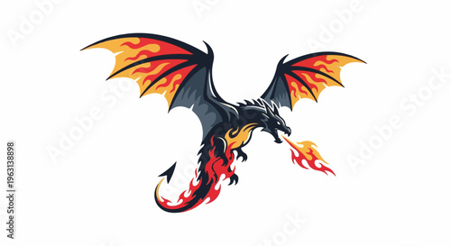 Fierce black dragon with fiery wings and breath unleashed