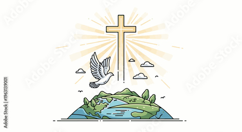Dove flies above earth toward a glowing cross