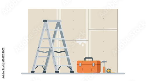 Flat Vector Illustration of Home Renovation Tools, Stepladder, and Toolbox in Front of a Drywall Interior Construction Background