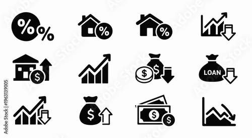 Financial icons depict monetary trends, housing market shifts, and loan changes