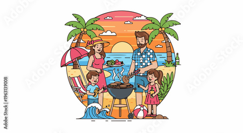Family barbecue on a tropical beach at sunset