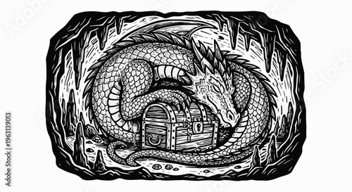 Dragon guarding a treasure chest in a cave, black and white illustration