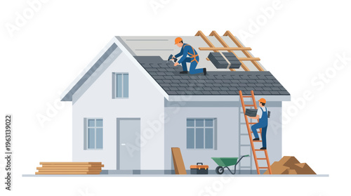 Professional Roofing Contractors Installing Shingles on a House Roof. Home Renovation and Construction Service Vector Illustration