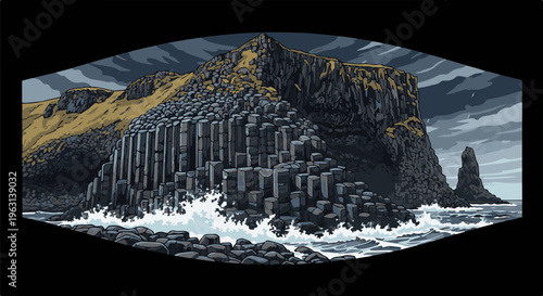 Dramatic pixel art of basalt columns against a stormy sea and cliff