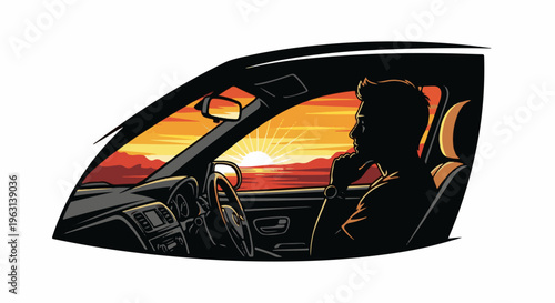 Driver gazes at a vibrant sunset while on a journey