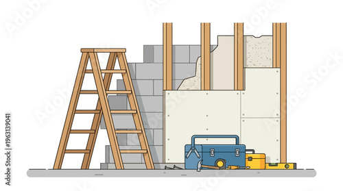 House Construction and Home Renovation Site Illustration with Tools, Ladder, and Drywall. Vector Flat Design.
