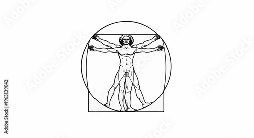 Drawing of a man within a circle and square, arms and legs outstretched