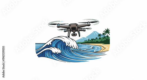 Drone captures aerial view of a tropical beach with crashing waves and mountains