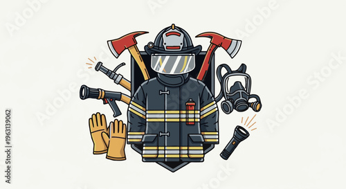 Firefighter gear and tools illustration helmet, jacket, axes, hoses, mask, gloves, flashlight