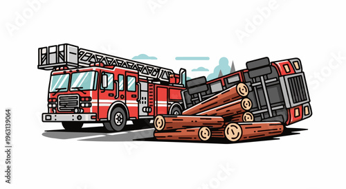 Fire truck attends overturned logging truck accident with scattered logs