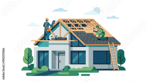 Professional Roofers Installing Shingles on a Modern House Roof Illustration