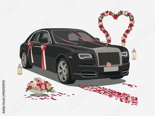 Black luxury car decorated with red ribbons and flowers in romantic wedding setup with heart shaped floral arrangement for wedding 