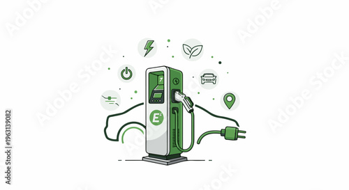 Electric vehicle charging station with icons for power, car, and eco-friendly energy