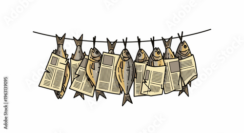 Fish and newspapers hang on a clothesline, drying in the sun