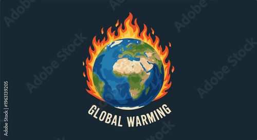 Earth engulfed in flames with text "Global Warming" below