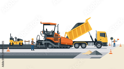 Flat Vector Illustration of Road Construction Process with Asphalt Paver, Dump Truck, Road Roller, and Construction Workers