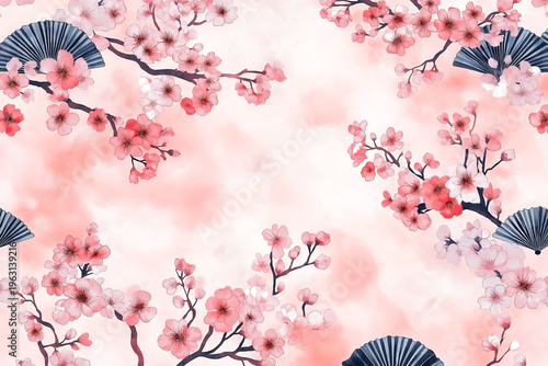 Traditional Japanese Seamless Pattern with Cherry Blossoms and Fans
